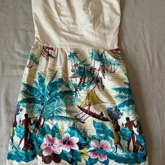 Vintage Tiki Strapless Dress | Tropical Island Scenic Print - Picture 2 of 6